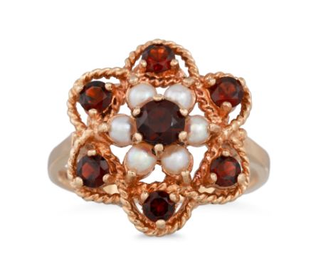 A GARNET AND PEARL CLUSTER RING, mounted in 9ct gold, size Q