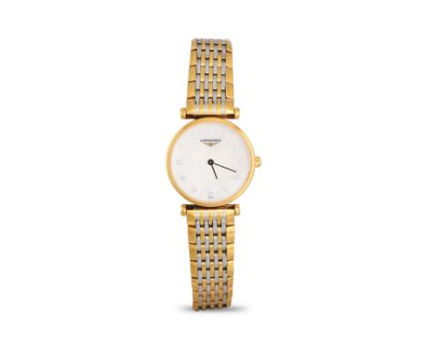 A LADY'S LONGINES 'LA GRANDE CLASSIC' TWO COLOUR GOLD PLATED WRISTWATCH, mother-of-pearl face with DOT markers, 3 spare links