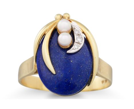 A LAPIS LAZULI, DIAMOND AND PEARL RING, the oval lapis lazuli to diamond and pearl detail, mounted in 14ct yellow gold. Estim