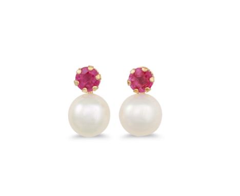 A PAIR OF CULTURED PEARL AND RUBY SET EARRINGS, mounted in 9ct yellow gold