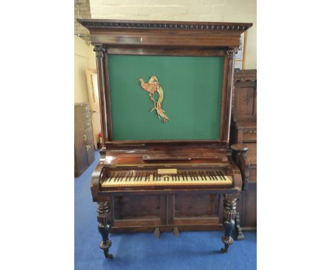 Antique Victorian upright piano by Robert Perkins, Hackney Road London, raised on turned floral supports, with later upholste