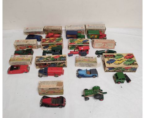 Quantity of clockwork Tri-ang Minic model cars to include two steam rollers, two delivery vans, Vauxhall Tourer &amp; a racin