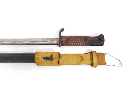 WWI German bayonet, marked CG Haenel, Suhl, with a wood grip, fullered blade and scabbard, 52cm long. 