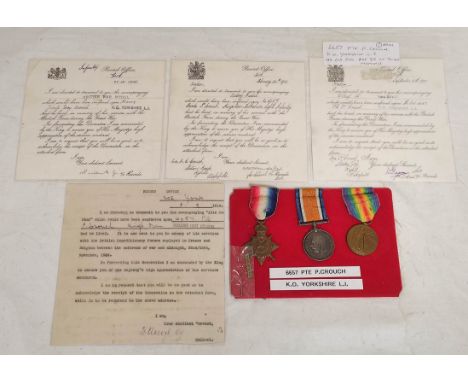 WW1 1914 star (Mons star) &amp; bar medal trio awarded to Pte P Crouch 6657 Kings Own Yorshire Light Infantry. Pte Crouch was