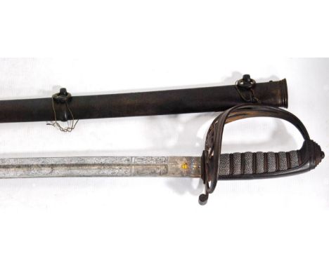 Late 19th century Light Infantry officer's sword with a wire and rayskin grip, basket hilt with crown and bugle motif, the bl