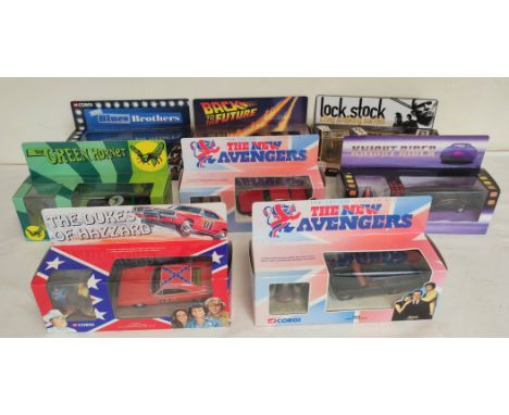 Eight Boxed Corgi collectors cars mostly film &amp; TV related to include Green Hornet 1:36 scale CC50902, Knight Rider 1:36 