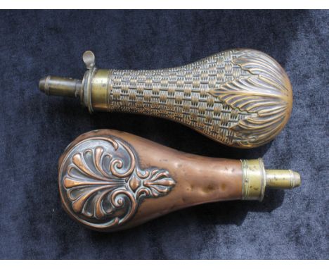 Antique Victorian James Dixon &amp; Sons brass embossed "basket weave" powder flask no 433 and another similar in copper. (2)