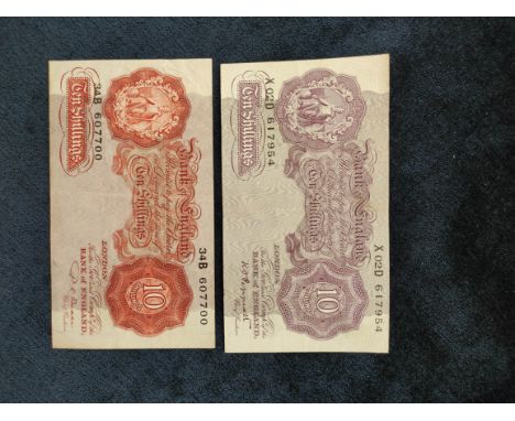 United Kingdom. England. Two Bank of England 10 shilling notes. The fist being a mauve wartime issue serial number X02D 61795