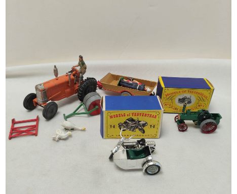 Vintage die cast toy lot to include a tractor with Dinky trailer &amp; two boxed Lesney Models of Yesteryear figures to inclu