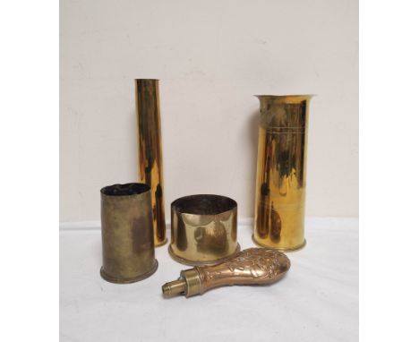 Collection of world war 1 &amp; 2 shell casings and a copper powder flask with embossed floral decorations. (5) 