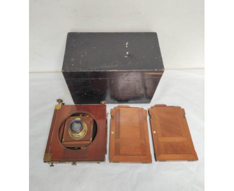 Antique early 20th century folding plate camera in ebonised box by Emil Busch Rathenow to include bellows, lens, photography 