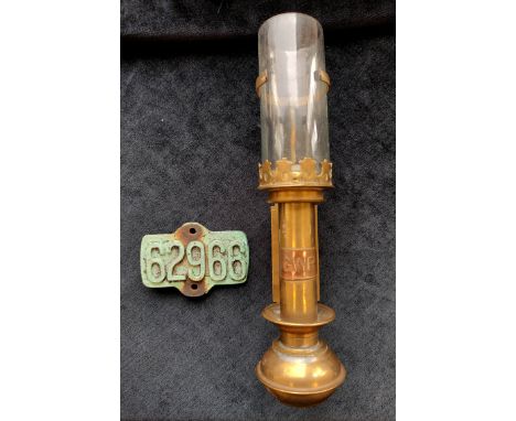 Antique GWR brass carriage lamp with glass cover &amp; a brass plaque. (2) 