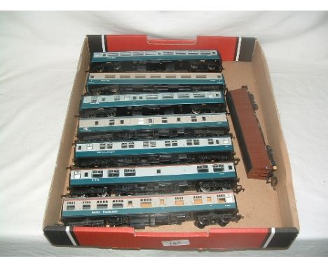 HORNBY/LIMA 7 x BR Blue/White Coaches (4 x Mk 1 and 3 x Mk2) and a Lima 82T Procor 'Palvan'. All Good