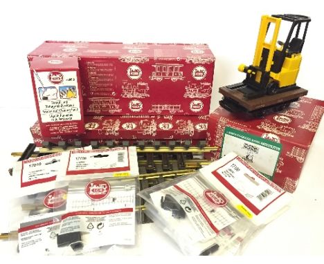 LGB G Gauge Track and Accessories: #40510 Field Railroad Forklift Car; 2 x #12100, Right and Left Manual Point; #11000 9 x Tr