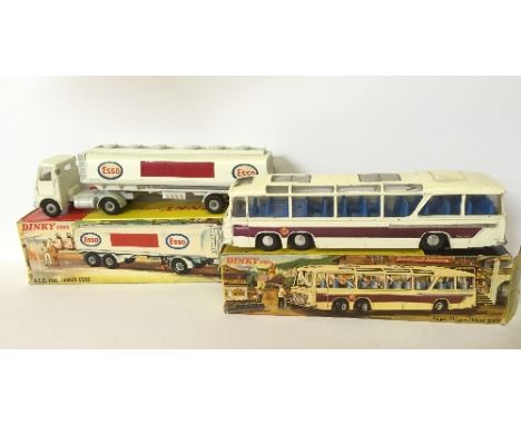 Two Dinky Toys models: 952 Vega Major Luxury Coach, cream with metallic purple side flash, blue interior (G/VG with crack to 