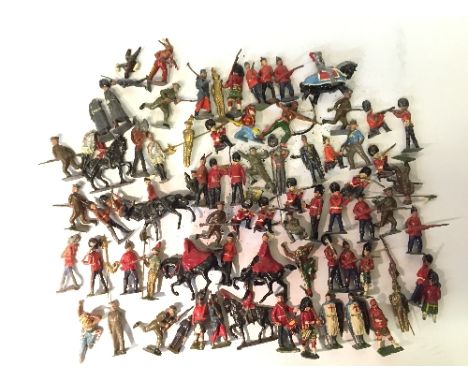 Quantity of Britains and other lead figures, includes Johillco Knights, Cowboys and Indians and 3 x Britains 'Soldiers in Act