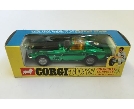 Corgi Toys 300 Chevrolet Corvette Stingray Coupe, plated bright green with 'Golden Jacks'/'Take Off Wheels', black bonnet. E 
