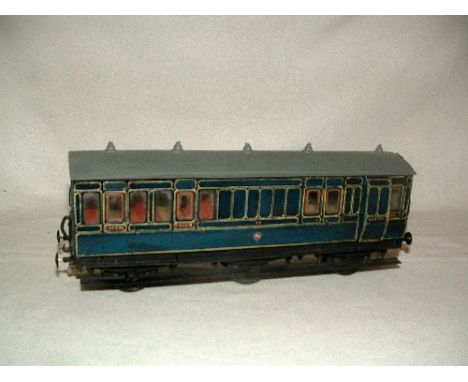 2 x O Gauge S&DJR Blue 3 axle Coaches - a Brass 3rd/Brake scratch built by Alan Grave and detailed with interior fittings, sc