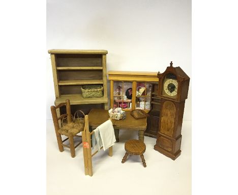 Selection of larger scale wooden Doll's Furniture, includes: clockwork Grandfather Clock, dial marked 'Meccedes', height 33cm