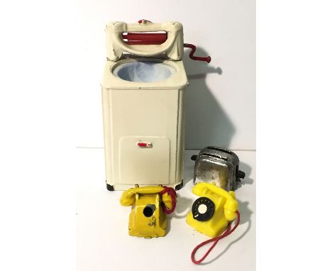 Metal doll's house mangle by Crescent or similar, with pale blue plastic basin and metal mangle with red plastic rollers to t