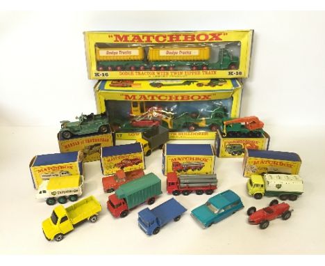 Eight Lesney Matchbox boxed models: K-17 Low Loader with Bulldozer; K-16 Dodge Tractor with Twin Tipper Train; Y15 Rolls Royc