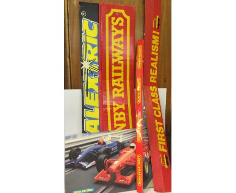 Selection of large shop display card signs for Scalextric and Hornby. Length 120cm approx. Overall F, some creasing. (14)