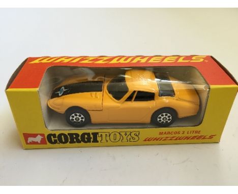 Corgi Whizzwheels Marcos 3 Litre, yellow with black interior and bonnet panel, grey base, Whizzwheels. M in M box with Corgi 