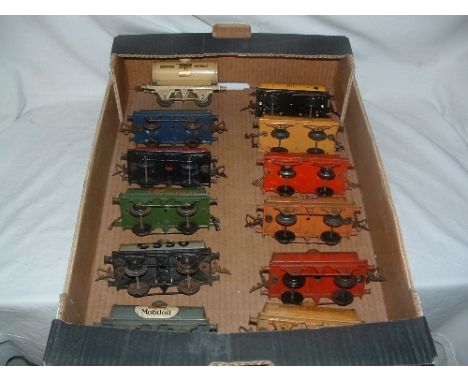 HORNBY 0 Gauge 12 x No 1 Petrol Tankers - Blue 'Redline' Super Petrol, Yellow 'BP' Motor Spirit, Red 'Shell' Motor Spirit, Gr