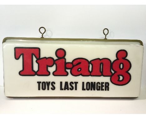 'Triang Toys Last Longer' Shop Display Sign: double sided sign with translucent perspex case, metal surround and hanging brac