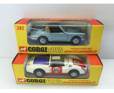 Two Corgi Whizzwheels Porsche models: 382 Porsche Targa 911S, light metallic blue, black interior and roof panel, Whizzwheels