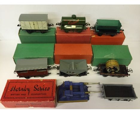 Hornby O Gauge, 6 x rolling stock: 'Castrol' Oil Tank Wagon; No.50 Side Tipping Wagon 'McAlpine'; No.50 Hopper Wagon; No.50 R