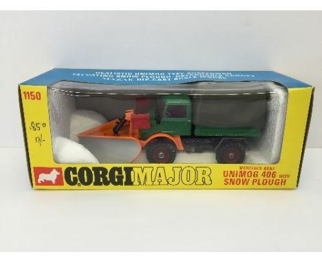 Corgi Toys 1150 Mercedes-Benz Unimog 406 with Snow Plough, mid green with orange and silver plough, khaki green canopy, red h