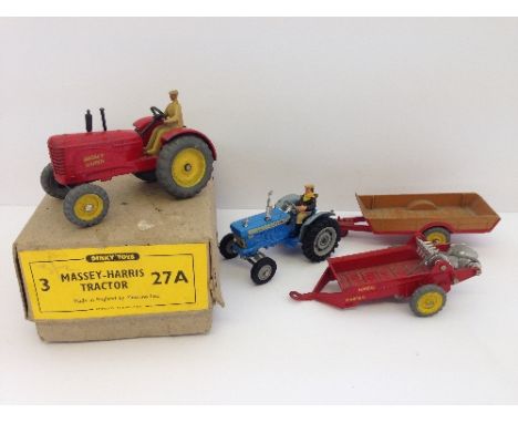 Dinky Toys 27A Massey-Harris Tractor Trade Box (VG), containing Dinky 27A Massey-Harris Tractor (G), 27C Massey Harris Manure