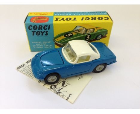 Corgi Toys 319 Lotus Elan Coupé, blue with white roof and interior, shaped cast hubs and detachable chrome chassis. Near M in
