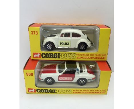 Two Corgi Whizzwheels Police Car models: 509 Porsche Targa 911S Police Car, white with red panels, 'Polizei' decals, blue lig