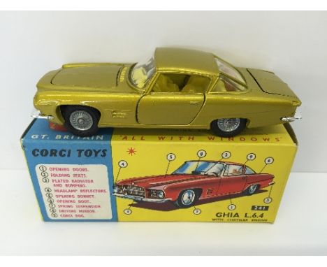 Corgi Toys 241 Ghia L.6.4, metallic gold, yellow interior, Corgi dog on rear shelf. E (a few very tiny chips) in E box with l