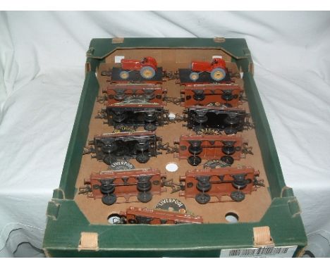 HORNBY 0 Gauge - 9 x No 1 BR Brown Flat Trucks with Cable Drums (6 x Liverpool Cables and 3 others) and 2 x Red No 1 Flat Tru