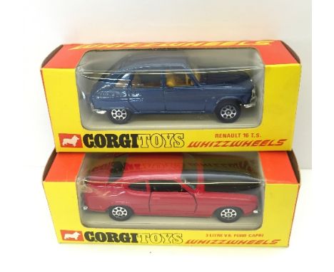 Two Corgi Whizzwheels car models: 202 Renault 16 TS, dark metallic blue with orange interior, reclining passenger seat, Renau