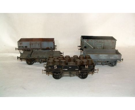 0 Gauge 5 x lightly weathered Goods Wagons by various Makers - a S& M Construction Dept Mines Wagon with Barrel Load, a NE Bo