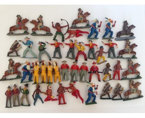 Johillco and other Cowboy and Indian figures, includes Red Indian with bow and arrow, and a selection of flats. Conditions va