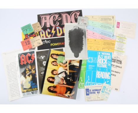 AC DC Photos and Festival Ephemera. Collection of AC DC and rock promotional items to include; AC DC black and white group ph