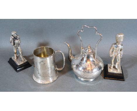 A Birmingham Silver Small Mug together with a Chinese teapot and two figures of soldiers 