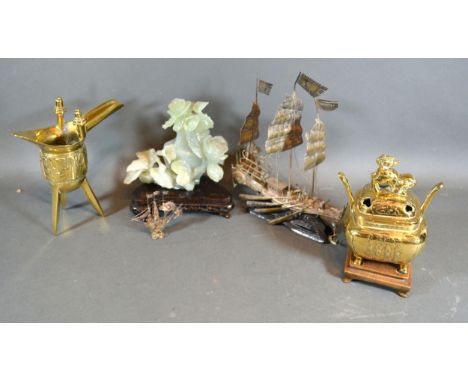 A Chinese Jade Carving together with a Chinese brass censer and other items 