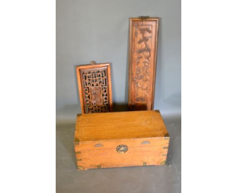 A Camphor Trunk with brass corner mounts and end handles, 76 cms wide, 38 cms deep, 33 cms high together with two Chinese pan