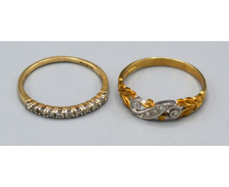 A 9ct. Gold Dress Ring of scroll form set three small diamonds, ring size P, 1.7 gms. together with a 9ct. gold diamond set b