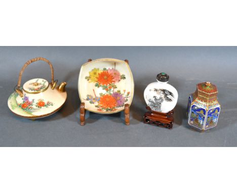 A Satsuma Earthenware Bowl together with a similar small teapot, a snuff bottle and a cloisonne covered canister 