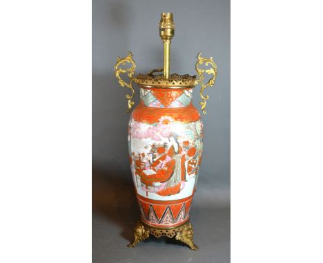 A Japanese Kutani Table Lamp with brass mounts, 48 cms tall 