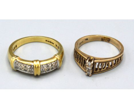 A 9ct. Gold Ring set with two rows of diamonds, ring size O, 4 gms. together with another similar 9ct. gold ring set three sm