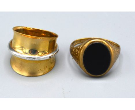 A 9ct. Gold Band Ring of stylised form, ring size O, 4.1 gms. together with a 9ct. gold signet ring, ring size S, 5.5 gms. 