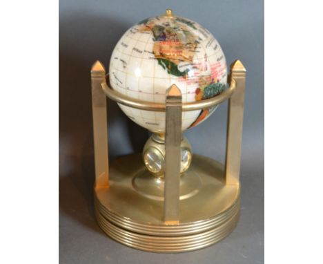 A Rotating Stone Inset Globe with clock and thermometer within a brass stand, 28 cms tall 